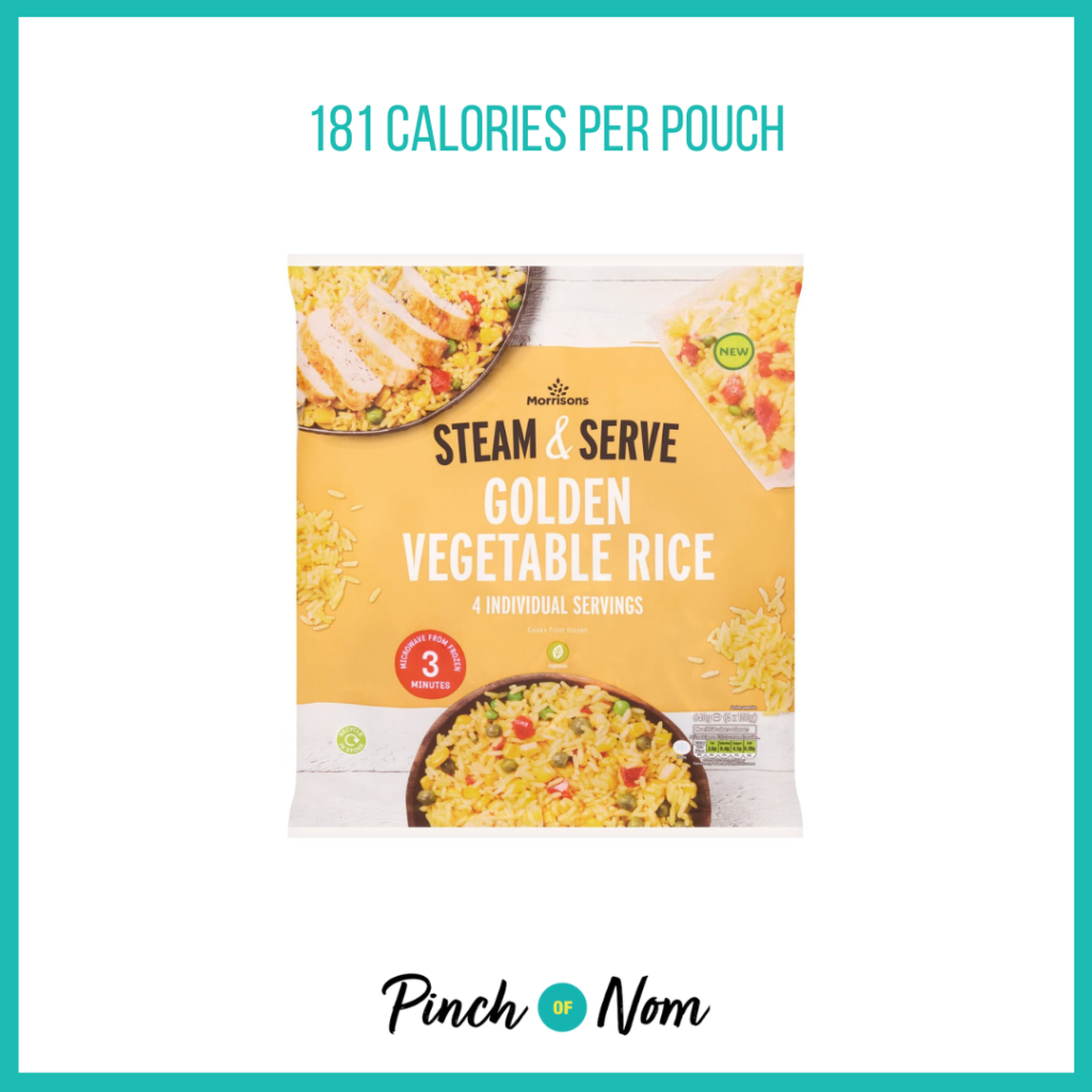 A bright yellow packet of Morrisons' Steam and Serve Golden Vegetable rice, featured in the Weekly Pinch of Shopping with the calories listed above it (181 calories per pouch).