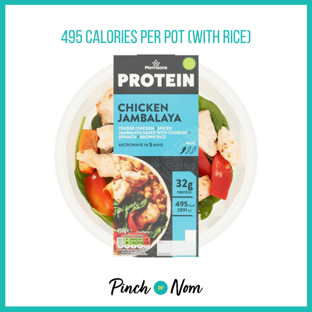 Morrisons' Protein Chicken Jambalaya, featured in Pinch of Nom's Weekly Pinch of Shopping with the Calories above (495 calories per pot with rice).