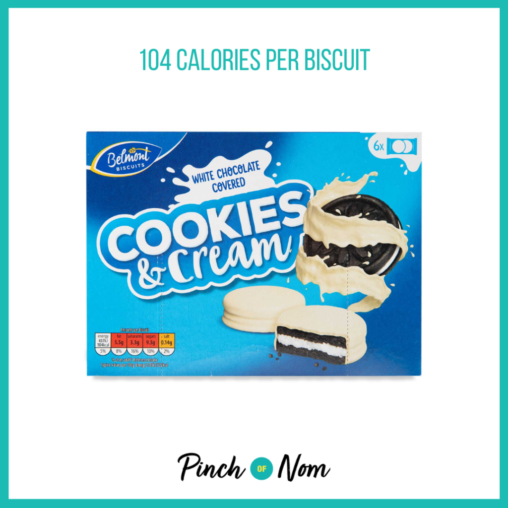 A blue box of Aldi's cookies and cream white chocolate covered biscuits, featured in the Weekly Pinch of Shopping with the calories listed above it (104 calories per biscuit).
