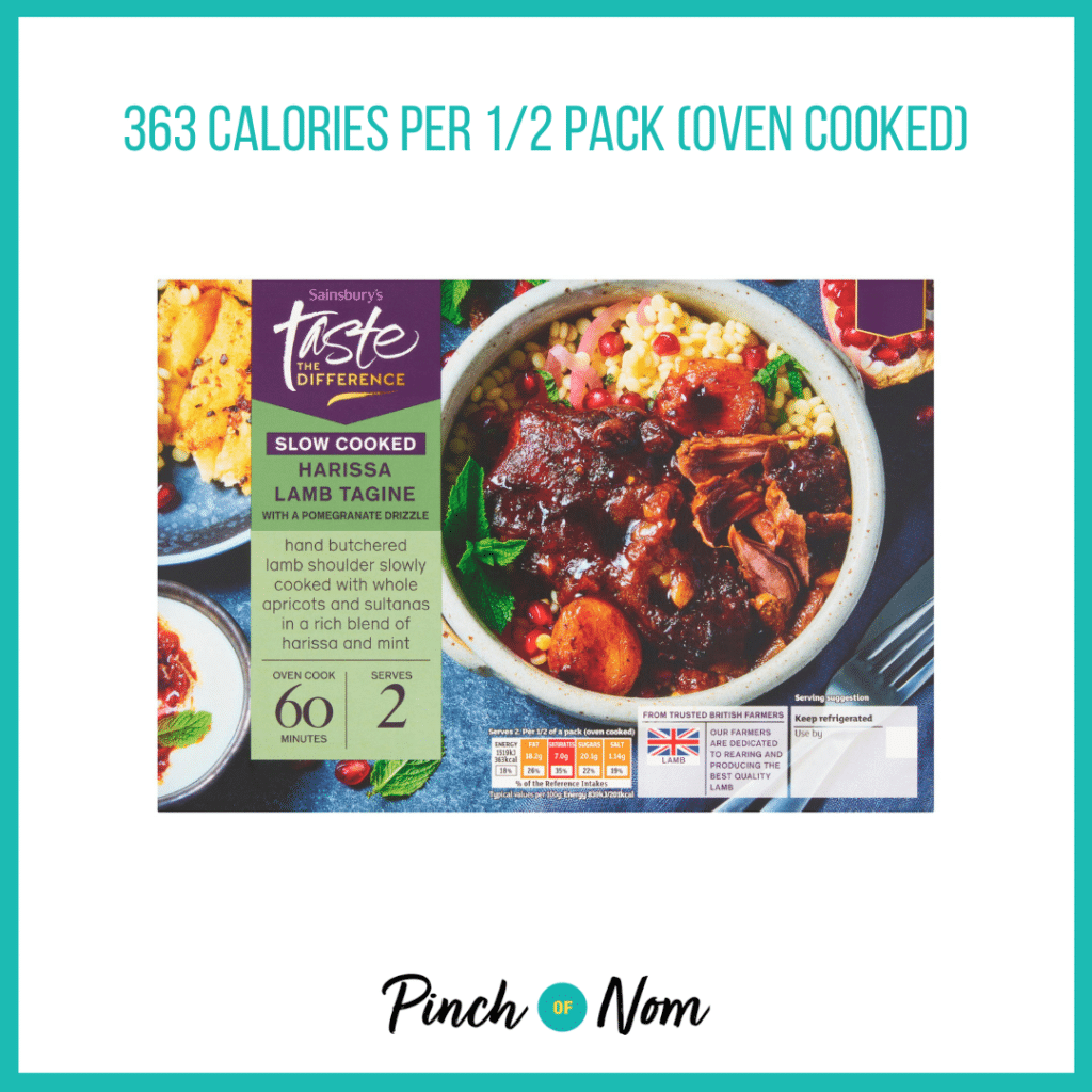 Sainsbury's Taste the Difference Sainsbury's Slow Cooked Harissa Lamb Tagine with Pomegranate Glaze, featured in Pinch of Nom's Weekly Pinch of Shopping with the calories above (363 calories per 1/2 pack oven cooked).