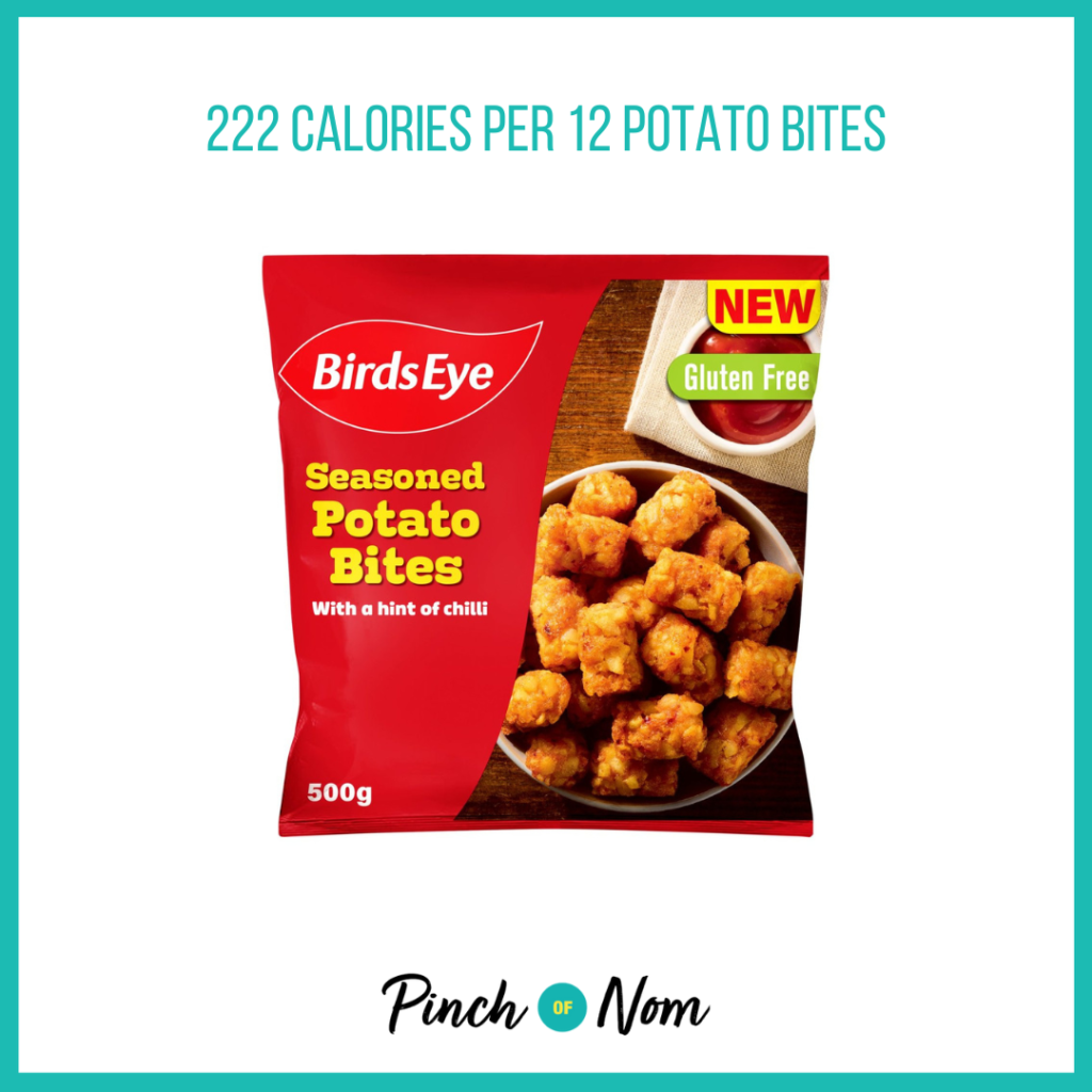 A bag of Birds Eye Seasoned Potatoes from Iceland, featured in the Weekly Pinch of Shopping with the calories listed above it (222 calories per 12 potato bites).