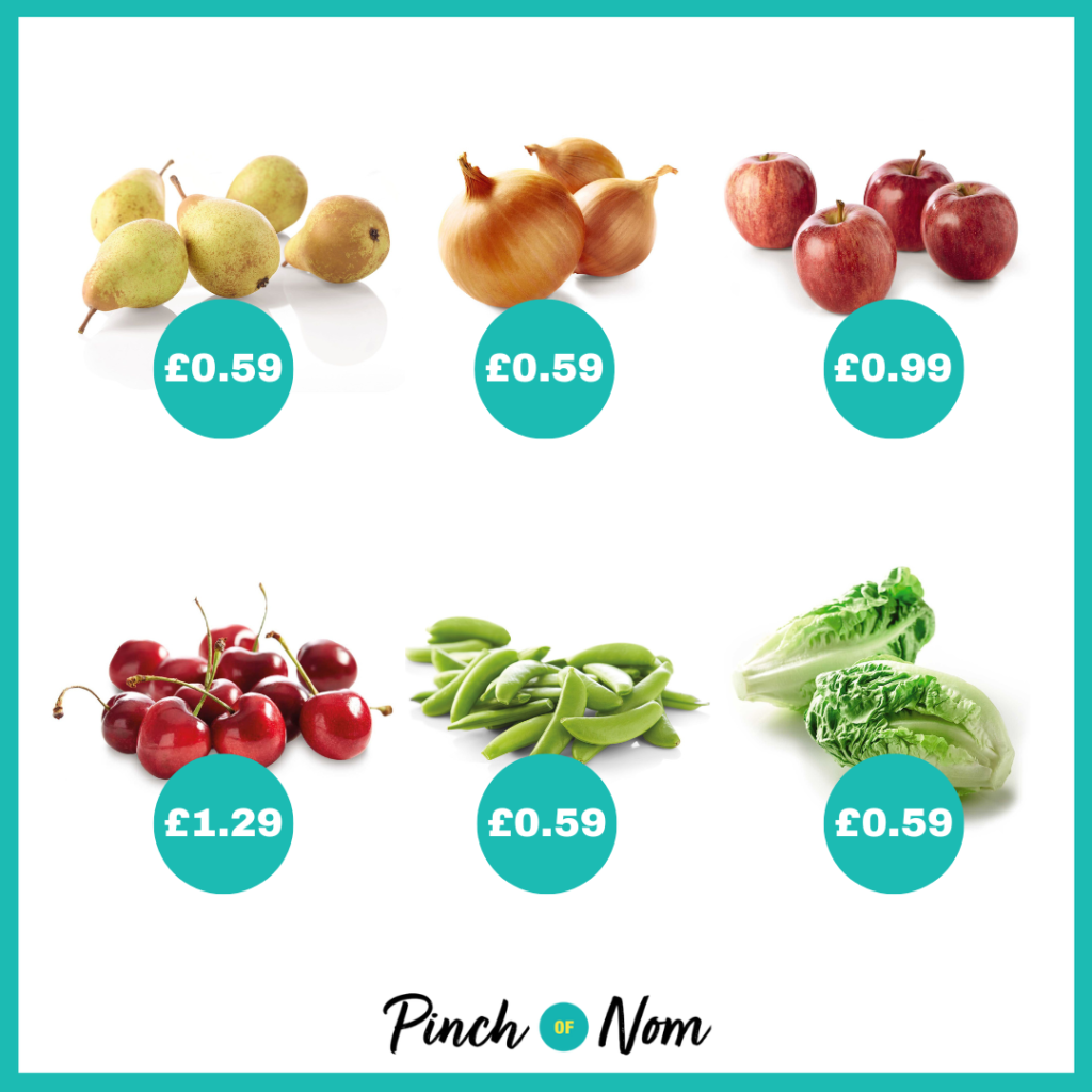 The fruit and veg selection from Aldi's Super 6, alongside their prices, featured in Pinch of Nom's Weekly Pinch of Shopping.