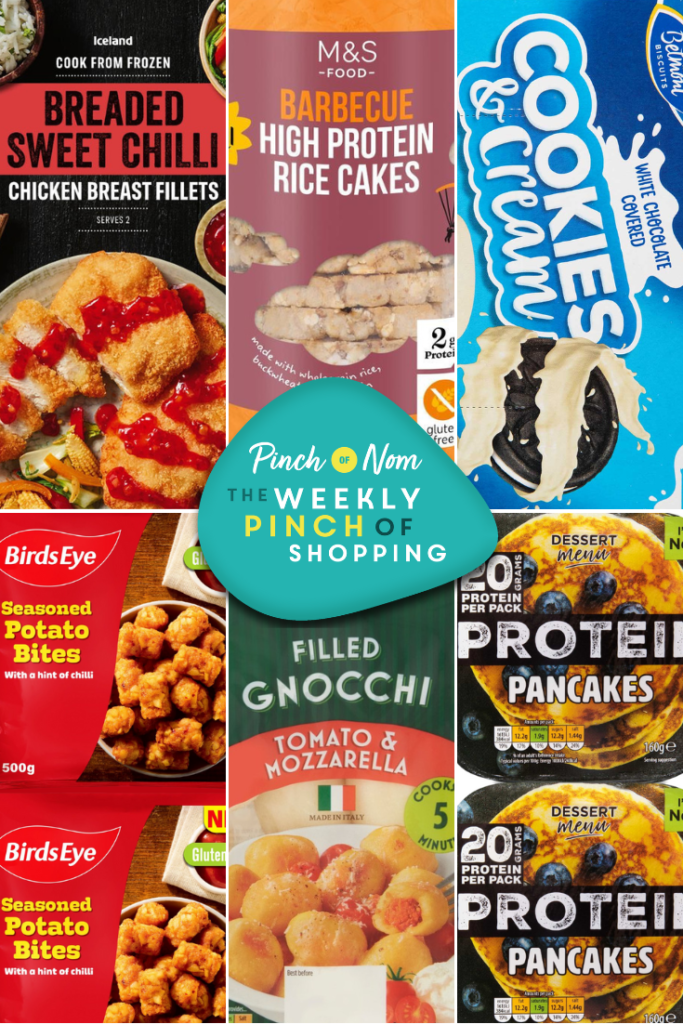 A portrait header image featuring six of the products from the Weekly Pinch of Shopping. The top row features breaded sweet chilli chicken, barbecue high protein rice cakes and white chocolate covered cookies and cream biscuits. The bottom row features Birds Eye seasoned potato bites, Morrisons filled gnocchi and Aldi's dessert menu protein pancakes. There is a logo at the centre of the image with The Weekly Pinch of Shopping in bold letters.