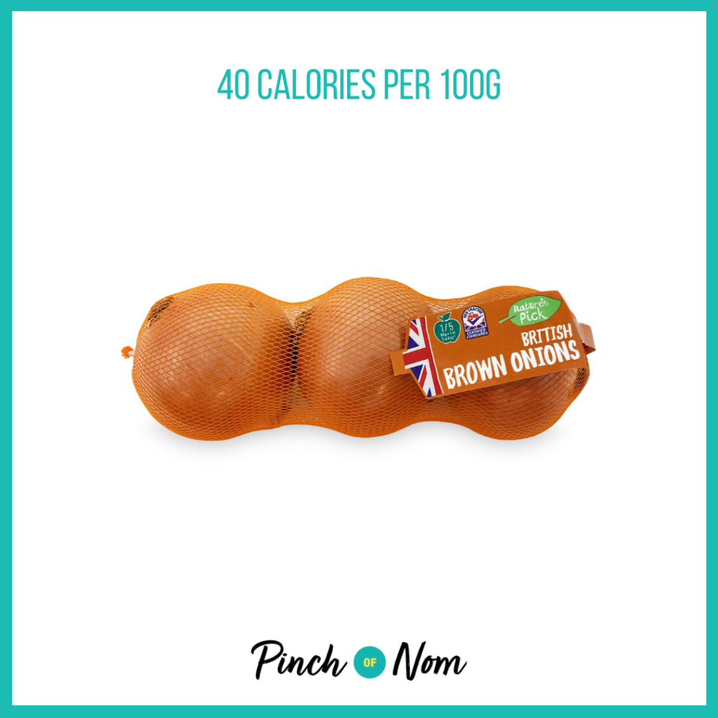 Brown Onions from Aldi's Super 6 selection, featured in Pinch of Nom's Weekly Pinch of Shopping with calories above (40 calories per 100g).