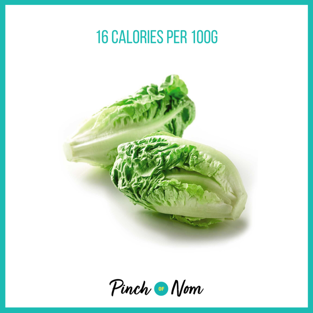 Little Gem Lettuce from Aldi's Super 6 selection, featured in Pinch of Nom's Weekly Pinch of Shopping with calories above (16 calories per 100g).