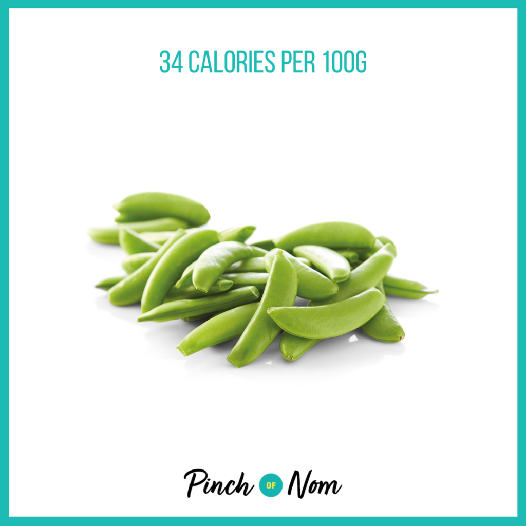 Sugar Snap Peas from Aldi's Super 6 selection, featured in Pinch of Nom's Weekly Pinch of Shopping with calories above (34 calories per 100g).