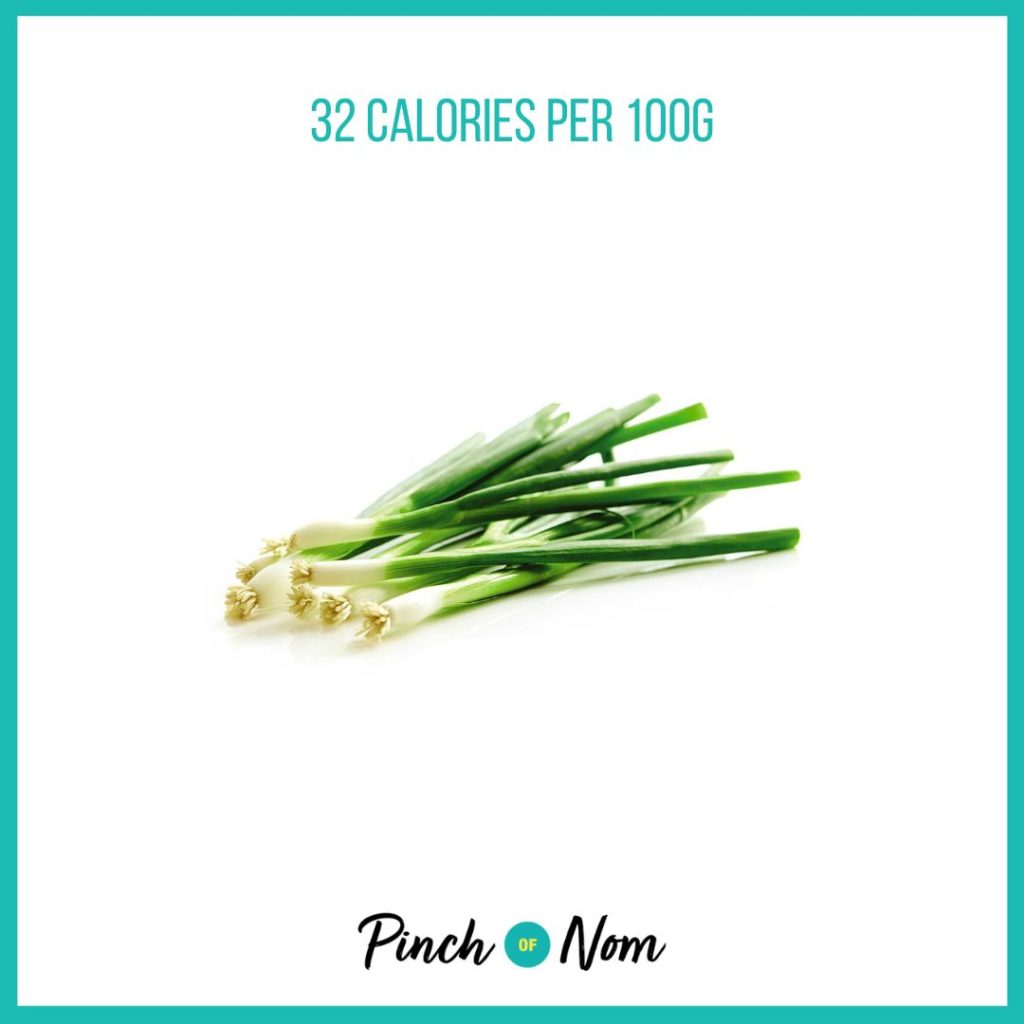 Spring Onions from Aldi's Super 6 selection, featured in Pinch of Nom's Weekly Pinch of Shopping with calories above (32 calories per 100g).