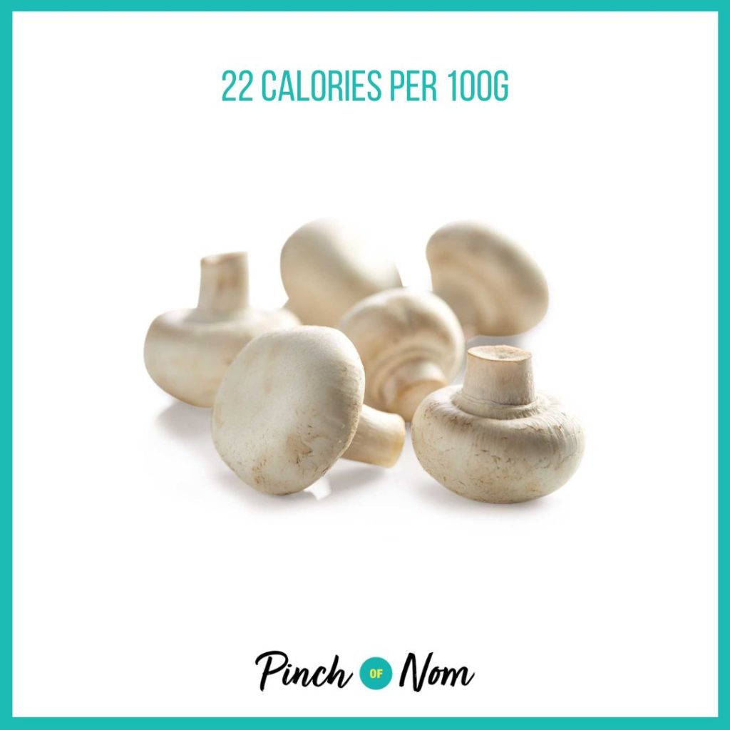 White mushrooms from Aldi's Super 6 selection, featured in Pinch of Nom's Weekly Pinch of Shopping with calories above (22 calories per 100g).