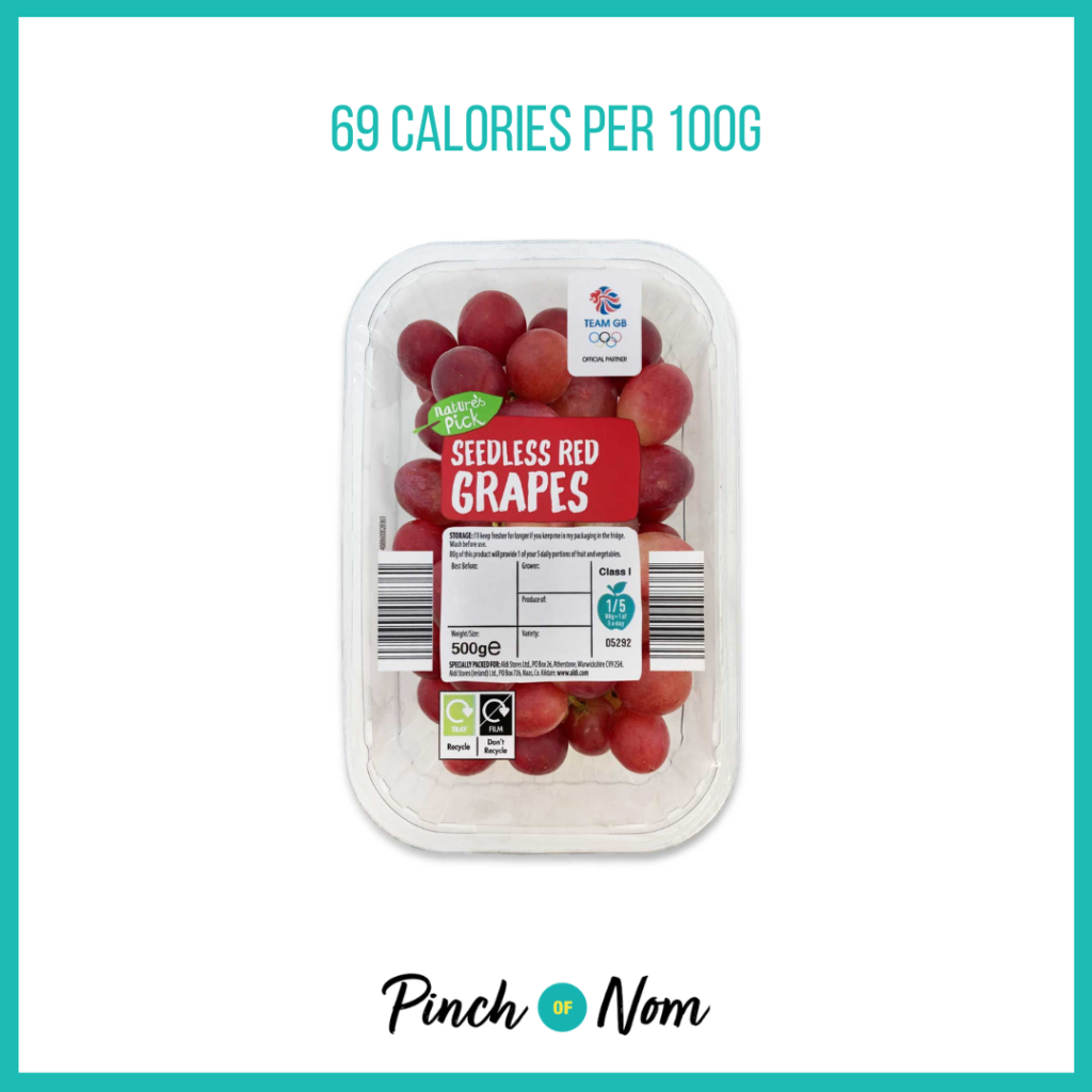 Red Grapes from Aldi's Super 6 selection, featured in Pinch of Nom's Weekly Pinch of Shopping with calories above (69 calories per 100g).