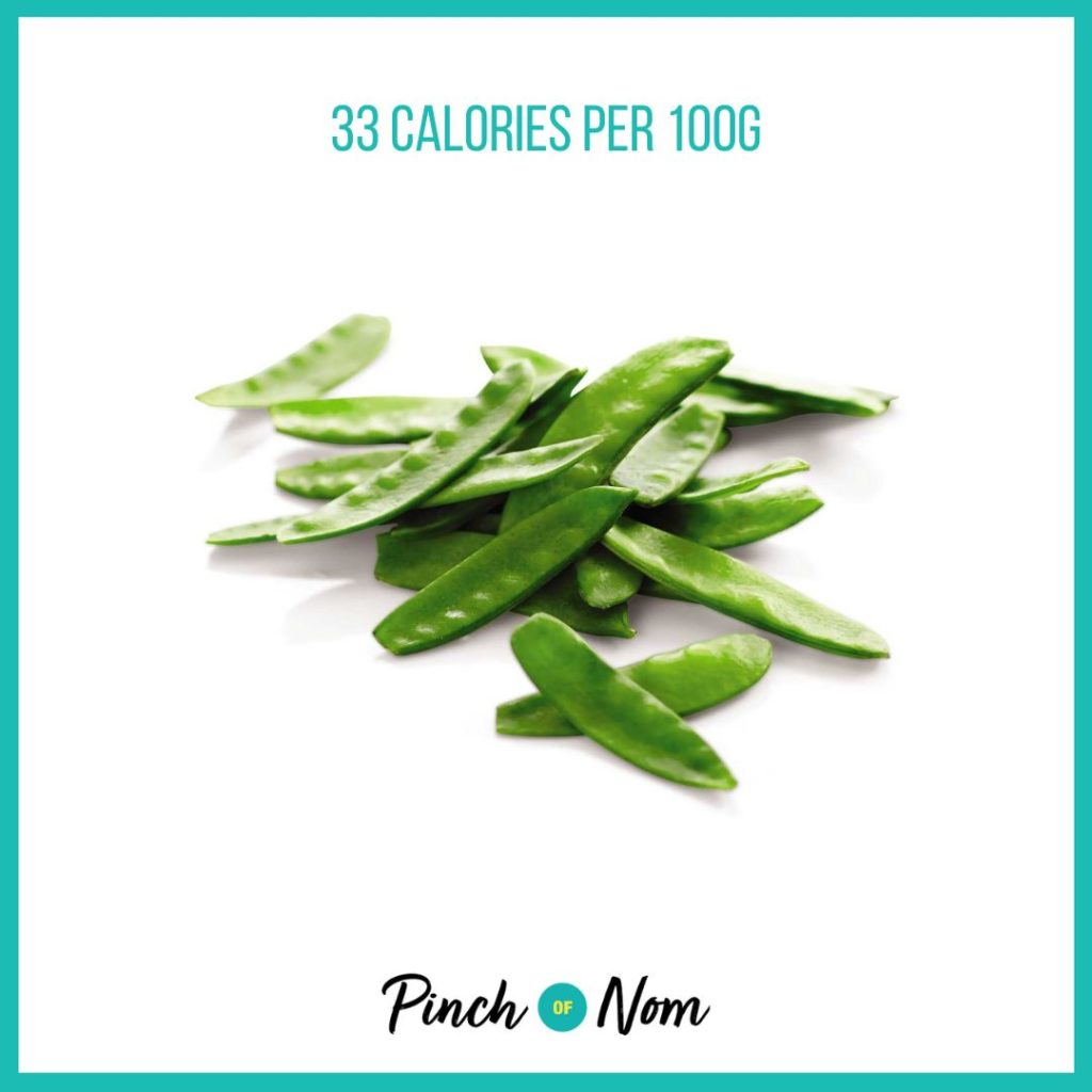 Mangetout from Aldi's Super 6 selection, featured in Pinch of Nom's Weekly Pinch of Shopping with calories above (33 calories per 100g).