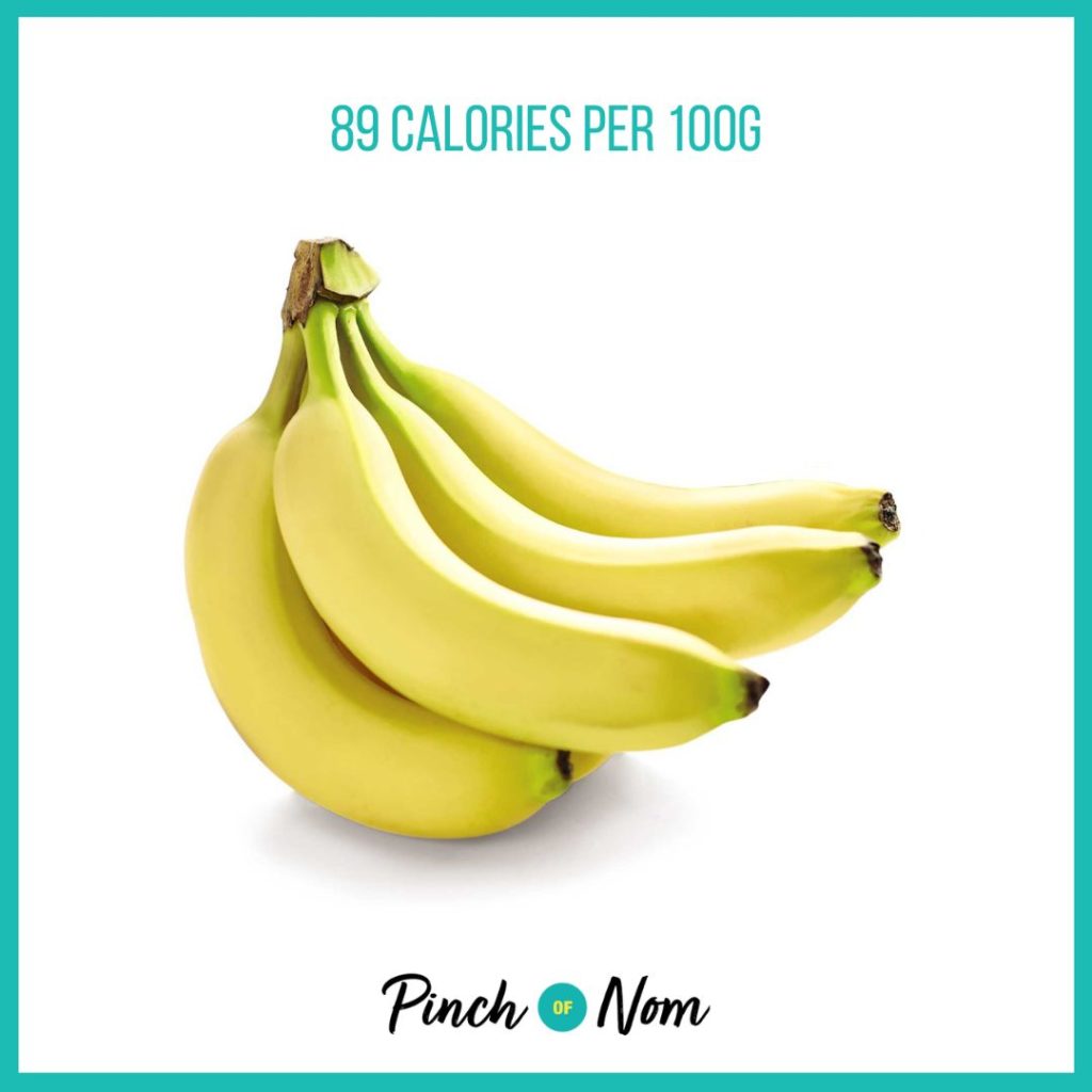 Bananas from Aldi's Super 6 selection, featured in Pinch of Nom's Weekly Pinch of Shopping with calories above (89 calories per 100g).