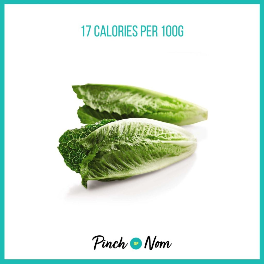 Romaine lettuce from Aldi's Super 6 selection, featured in Pinch of Nom's Weekly Pinch of Shopping with calories above (17 calories per 100g).