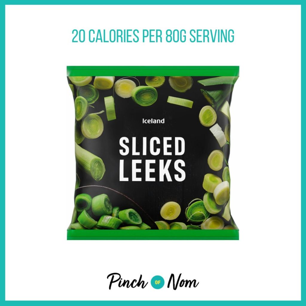 Iceland Sliced Leeks, featured in Pinch of Nom's Weekly Pinch of Shopping with the calorie count printed above (20 calories per 80g serving)