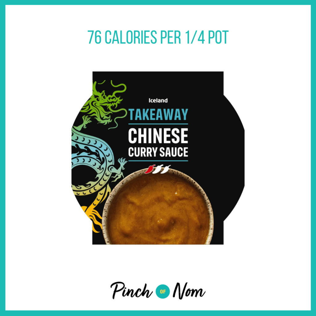 Iceland Chinese Curry Sauce, featured in Pinch of Nom's Weekly Pinch of Shopping with the calorie count printed above (76 calories per 1/4 pot).