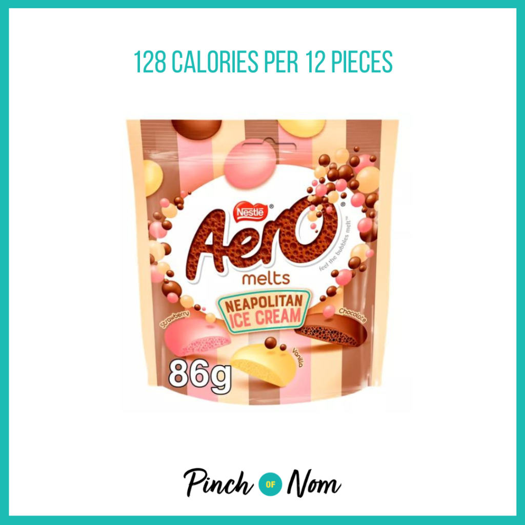 Aero Melts Neapolitan Ice Cream, featured in Pinch of Nom's Weekly Pinch of Shopping with the calorie count printed above (128 calories per 12 pieces).