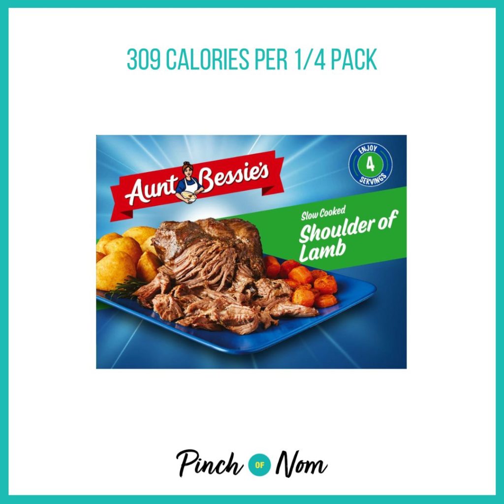 Aunt Bessie’s Slow Cooked Shoulder of Lamb, featured in Pinch of Nom's Weekly Pinch of Shopping with the calorie count printed above (309 calories per 1/4 pack)