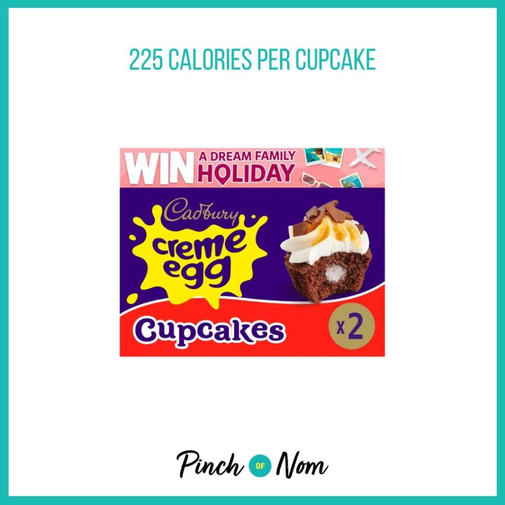 Cadbury Creme Egg Cupcakes, featured in Pinch of Nom's Weekly Pinch of Shopping with the calorie count printed above (225 calories per cupcake)