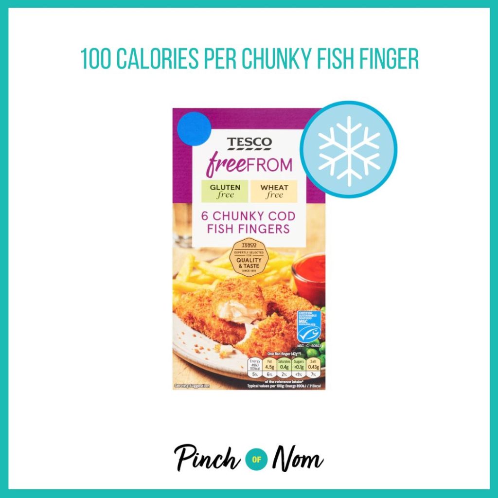 Tesco Free From Chunky Cod Fish Fingers, featured in Pinch of Nom's Weekly Pinch of Shopping with the calorie count printed above (100 calories per chunky fish finger).