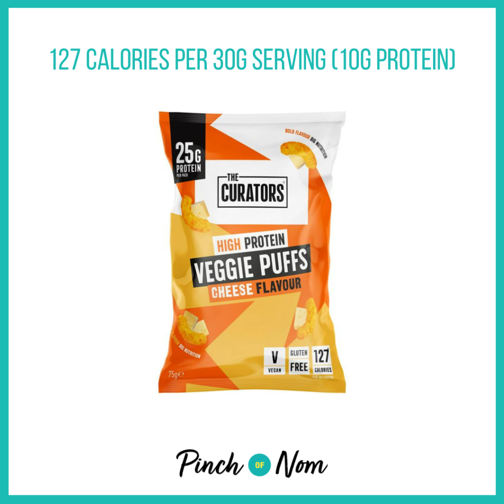 The Curators Cheese Flavour Veggie Puffs, featured in Pinch of Nom's Weekly Pinch of Shopping with the calorie count printed above (127 calories per 30g serving - 10g protein).