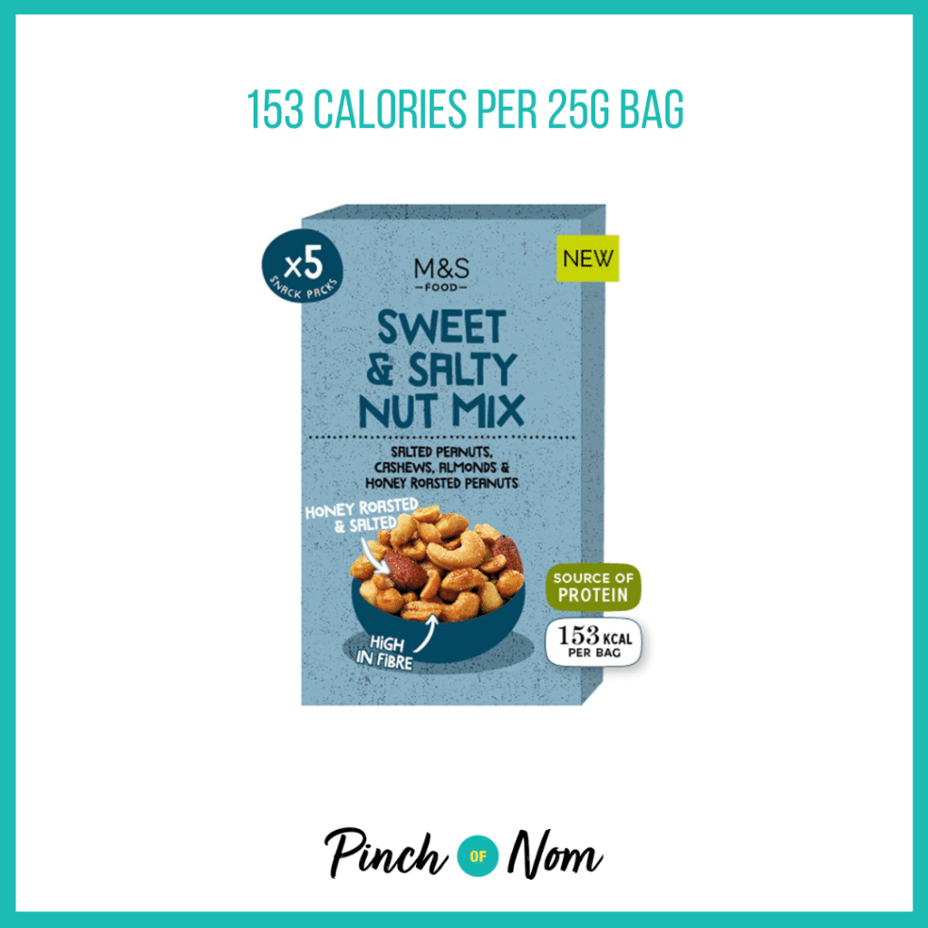 M&S Sweet & Salty Nut Mix, featured in Pinch of Nom's Weekly Pinch of Shopping with the calorie count printed above (153 calories per 25g bag).