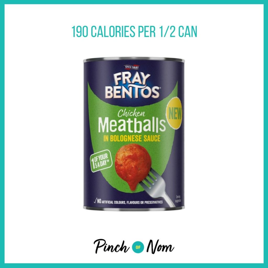 Fray Bentos Meatballs In Bolognese Sauce, featured in Pinch of Nom's Weekly Pinch of Shopping with the calorie count printed above (190 calories per 1/2 can)