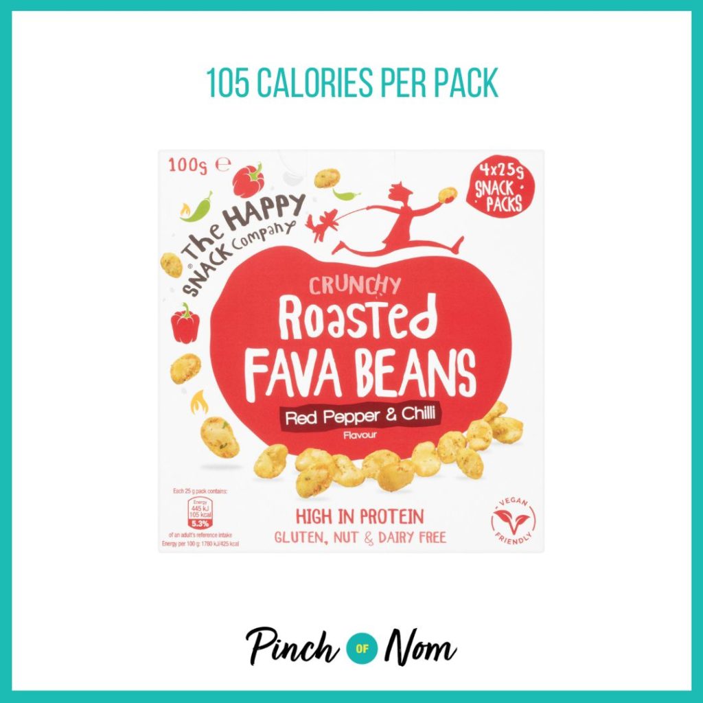 The Happy Snack Company Crunchy Roasted Fava Beans Red Pepper & Chilli Flavour, featured in Pinch of Nom's Weekly Pinch of Shopping with the calorie count printed above (105 calories per pack).