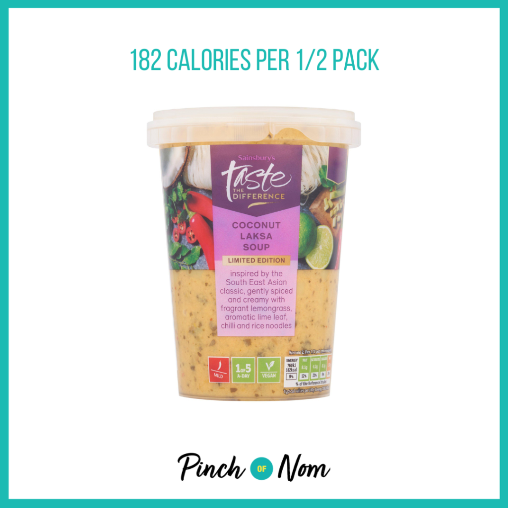 Sainsbury's Coconut Laksa Soup, Limited Edition, Taste the Difference, featured in Pinch of Nom's Weekly Pinch of Shopping with the calorie count printed above (182 calories per 1/2 pack).