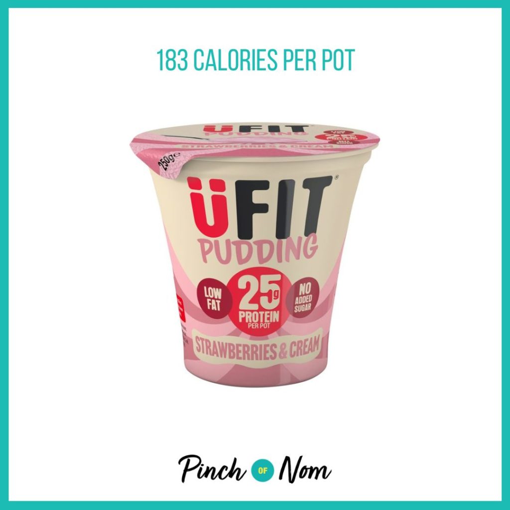 Ufit Protein Pudding Strawberries & Cream, featured in Pinch of Nom's Weekly Pinch of Shopping with the calorie count printed above (183 calories per pot).