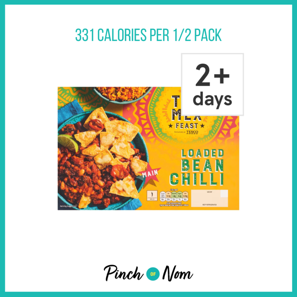Tex Mex Feast Loaded Bean Chilli, featured in Pinch of Nom's Weekly Pinch of Shopping with the calorie count printed above (331 calories per 1/2 pack).