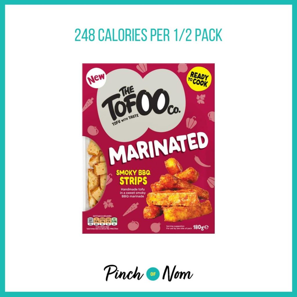 The Tofoo Co. Marinated Smoky BBQ Strips, featured in Pinch of Nom's Weekly Pinch of Shopping with the calorie count printed above (248 calories per 1/2 pack).