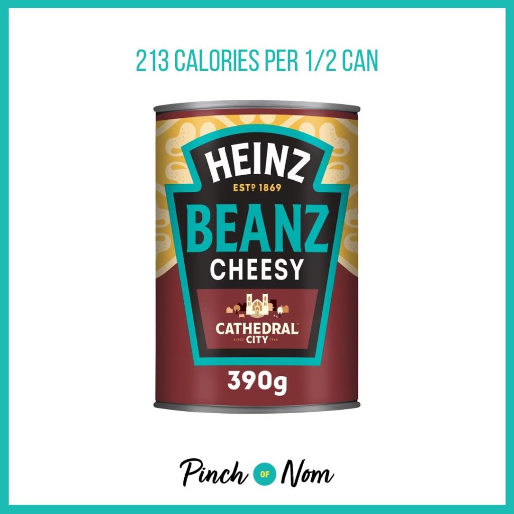 Heinz Cathedral City Cheesy Baked Beans, featured in Pinch of Nom's Weekly Pinch of Shopping with the calorie count printed above (213 calories per 1/2 can)
