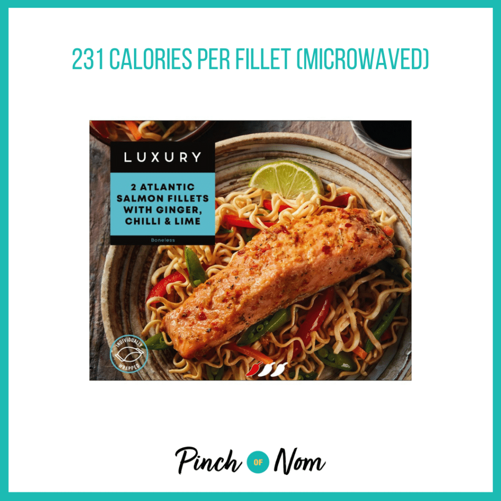 Iceland Luxury Atlantic Salmon Fillets With Ginger, Chilli & Lime, featured in Pinch of Nom's Weekly Pinch of Shopping with the calorie count printed above (231 calories per fillet).