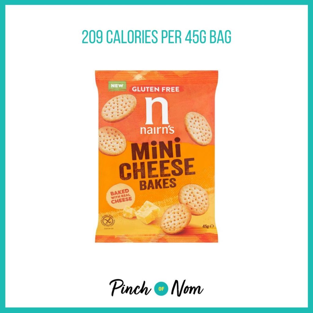 Nairn's Gluten Free Mini Cheese Bakes, featured in Pinch of Nom's Weekly Pinch of Shopping with the calorie count printed above (209 calories per 45g serving)