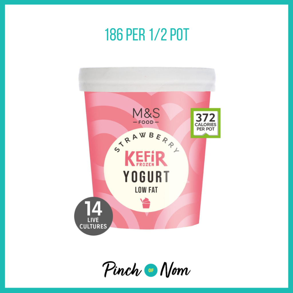 M&S Strawberry Kefir Frozen Yogurt, featured in Pinch of Nom's Weekly Pinch of Shopping with the calorie count printed above (186 calories per 1/2 pot).