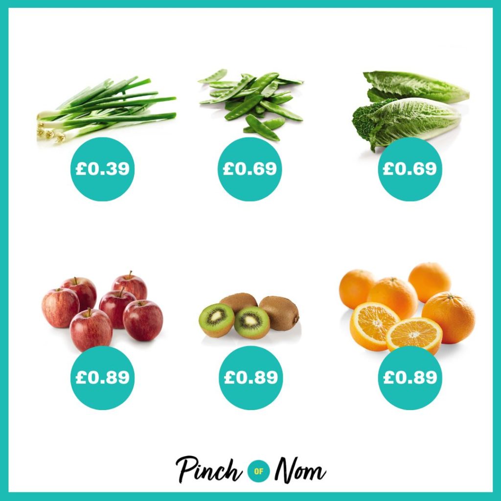 The fruit and veg selection from Aldi's Super 6, alongside their prices, featured in Pinch of Nom's Weekly Pinch of Shopping.