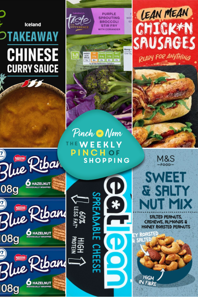 Six of the products from the Weekly Pinch of Shopping in a rectangular grid format. The top row features Iceland's Chinese-Style Curry Sauce, Sainsbury's Purple Sprouting Broccoli Stir-fry and VFC Sausages. The bottom row features Blue Riband Hazelnut, Eatlean spreadable cheese and M&S Sweet & Salty Nut Mix. There is a logo at the centre of the image with The Weekly Pinch of Shopping in bold letters.