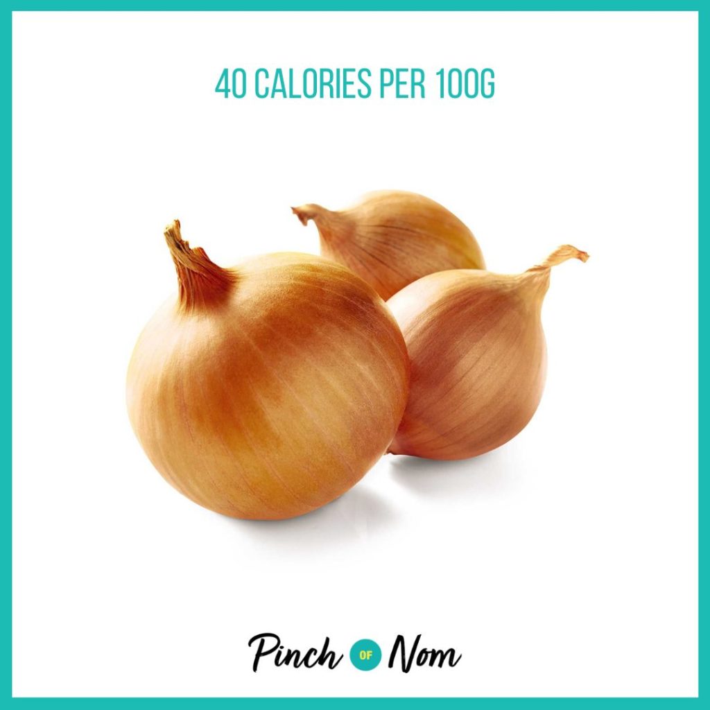 Brown Onions from Aldi's Super 6 selection, featured in Pinch of Nom's Weekly Pinch of Shopping with calories above (40 calories per 100g).