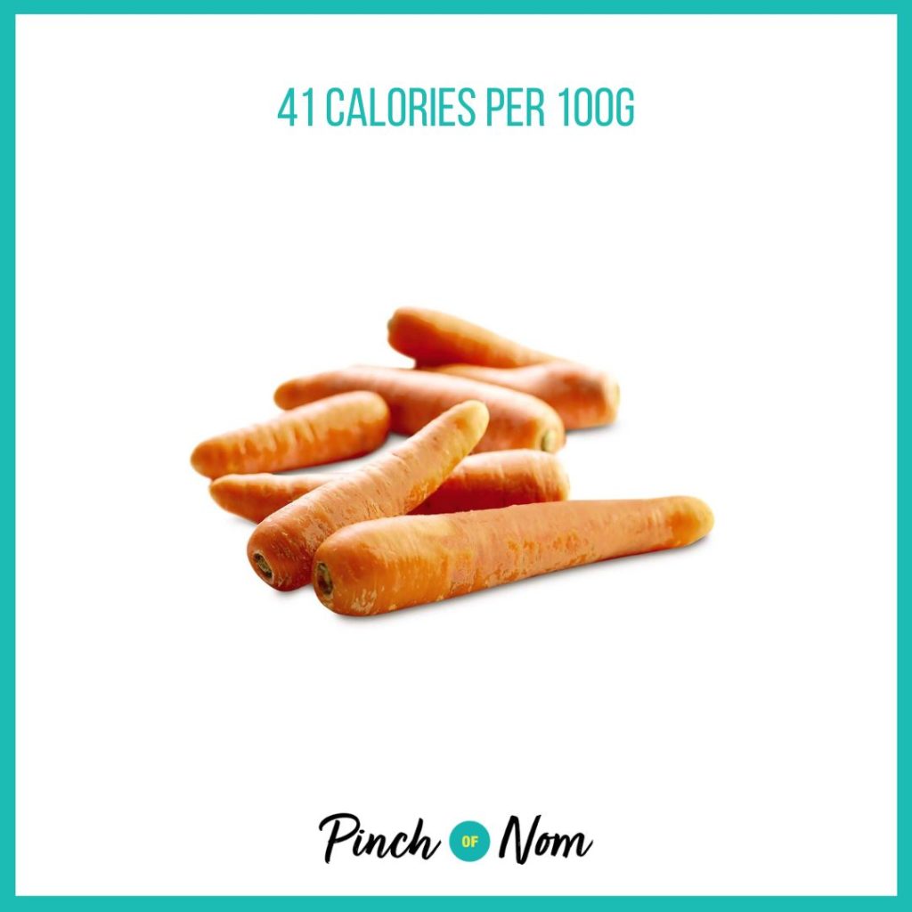 Carrots from Aldi's Super 6 selection, featured in Pinch of Nom's Weekly Pinch of Shopping with calories above (41 calories per 100g).