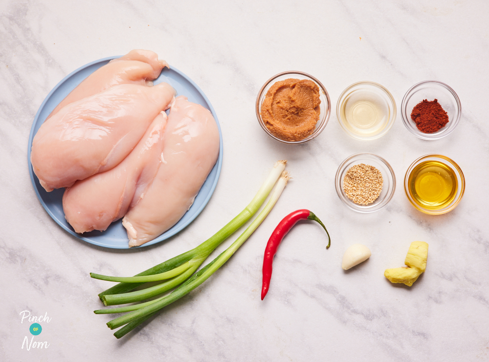 The ingredients for Pinch of Nom's Miso Chilli Chicken are laid out on a countertop. There are chicken breasts on a plate, next to spring onions, a chilli pepper, garlic, fresh ginger, honey, miso paste, rice vinegar, sesame seeds and chilli powder.