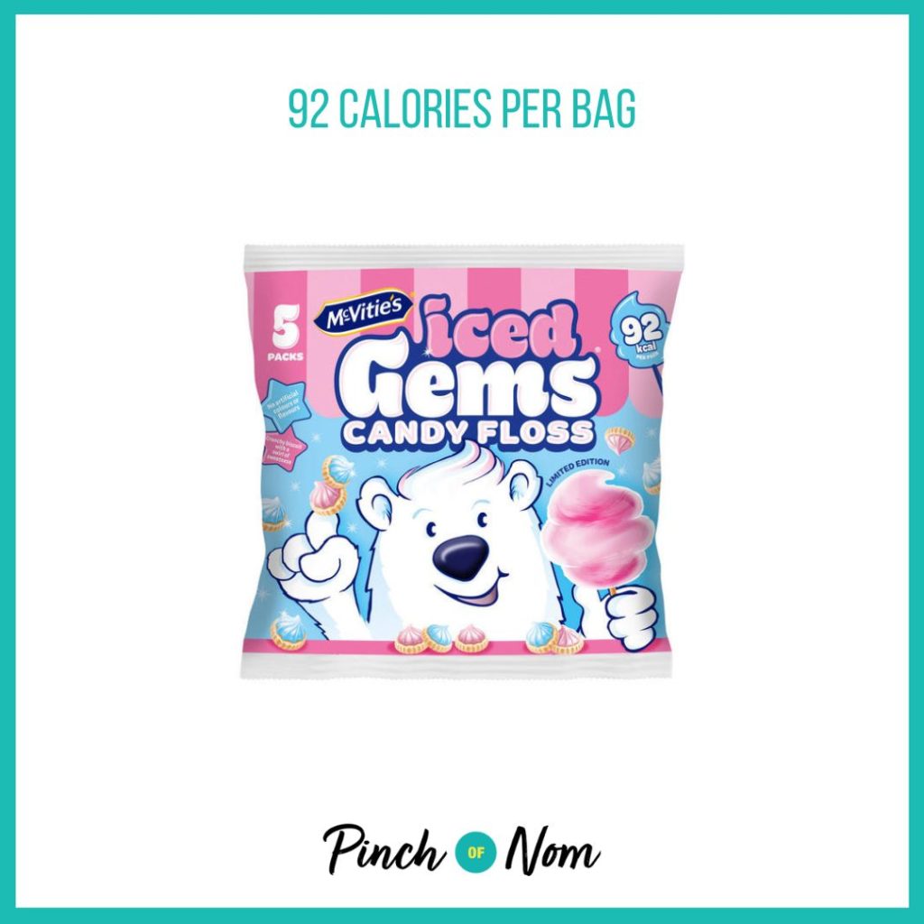 McVitie's Iced Gems Candy Floss Flavour, featured in Pinch of Nom's Weekly Pinch of Shopping with the calorie count printed above (92 calories per bag).