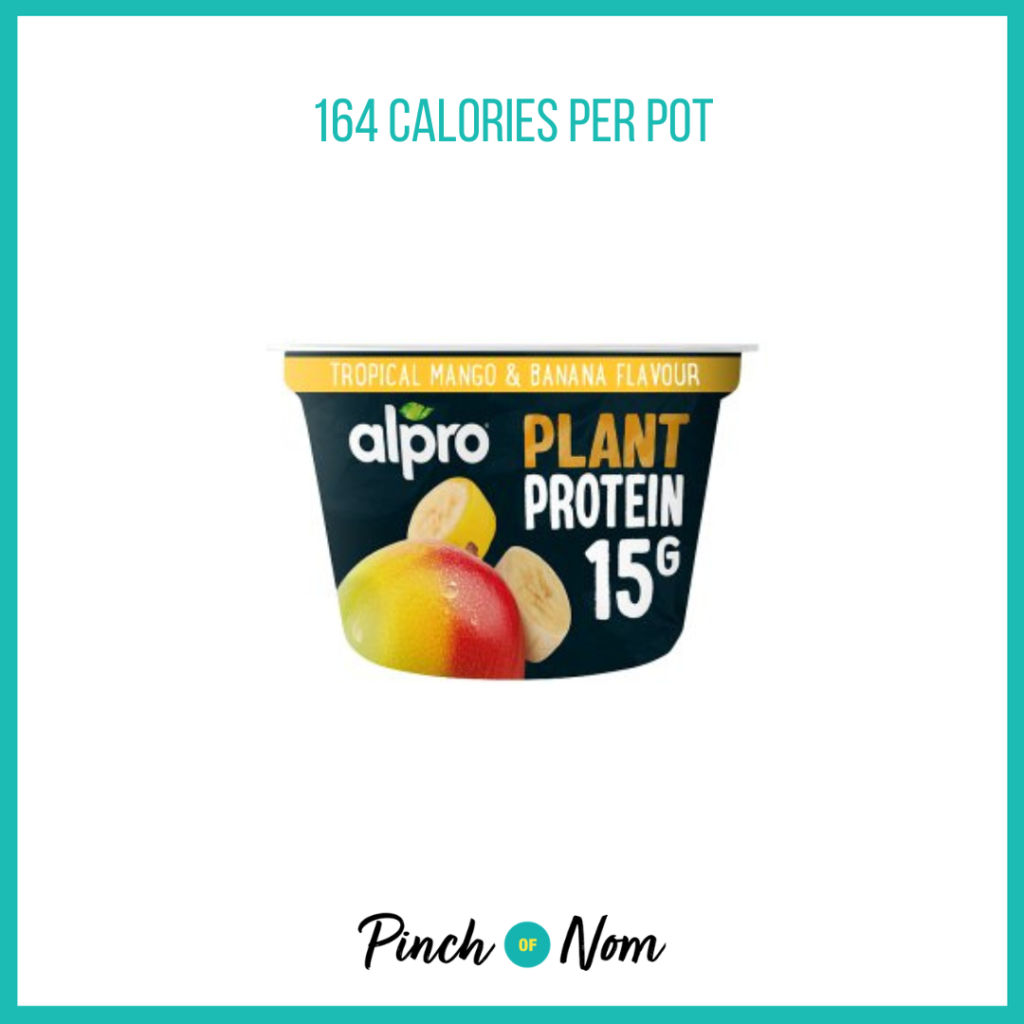 Alpro Plant High Protein Mango & Banana Yoghurt Alternative, featured in Pinch of Nom's Weekly Pinch of Shopping with the calorie count printed above (16 calories per 100ml).
