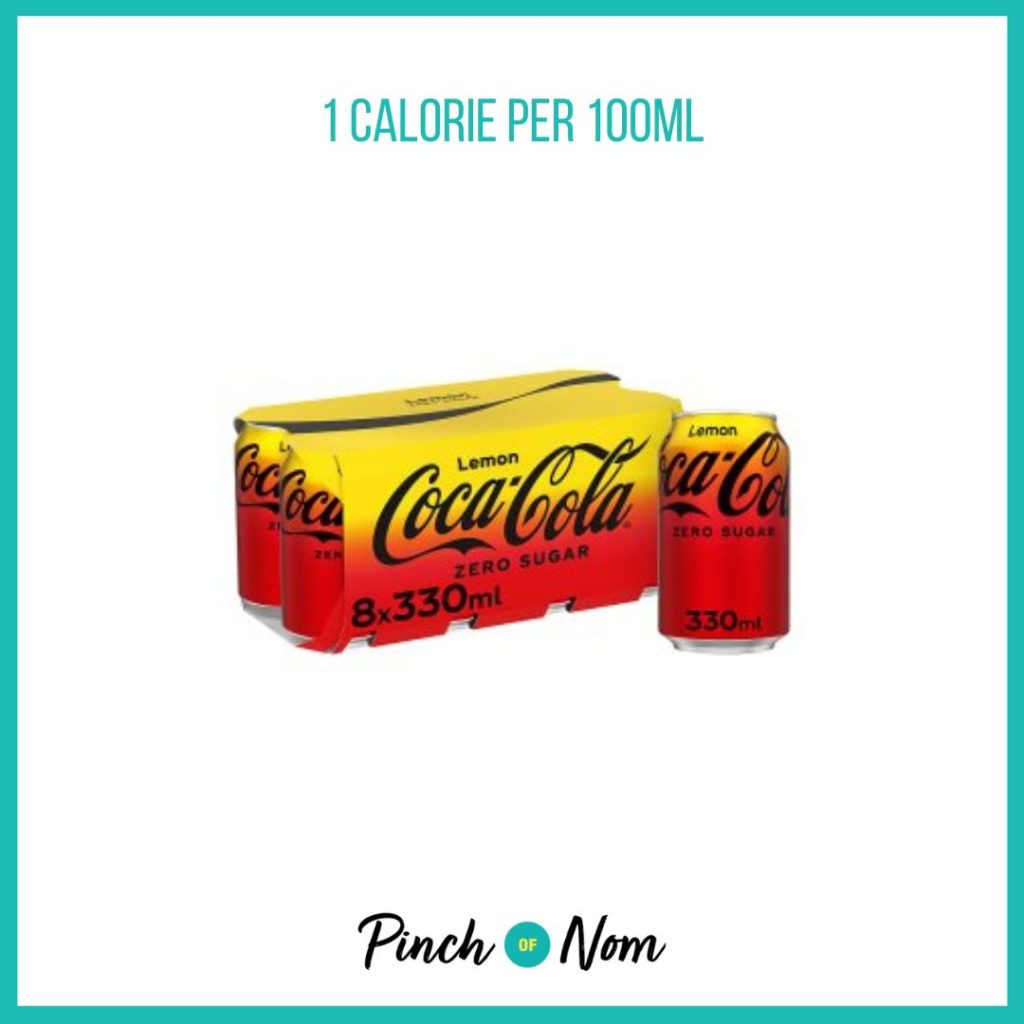 Coca Cola Zero Sugar Lemon, featured in Pinch of Nom's Weekly Pinch of Shopping with the calorie count printed above (1 calories per 100ml) 