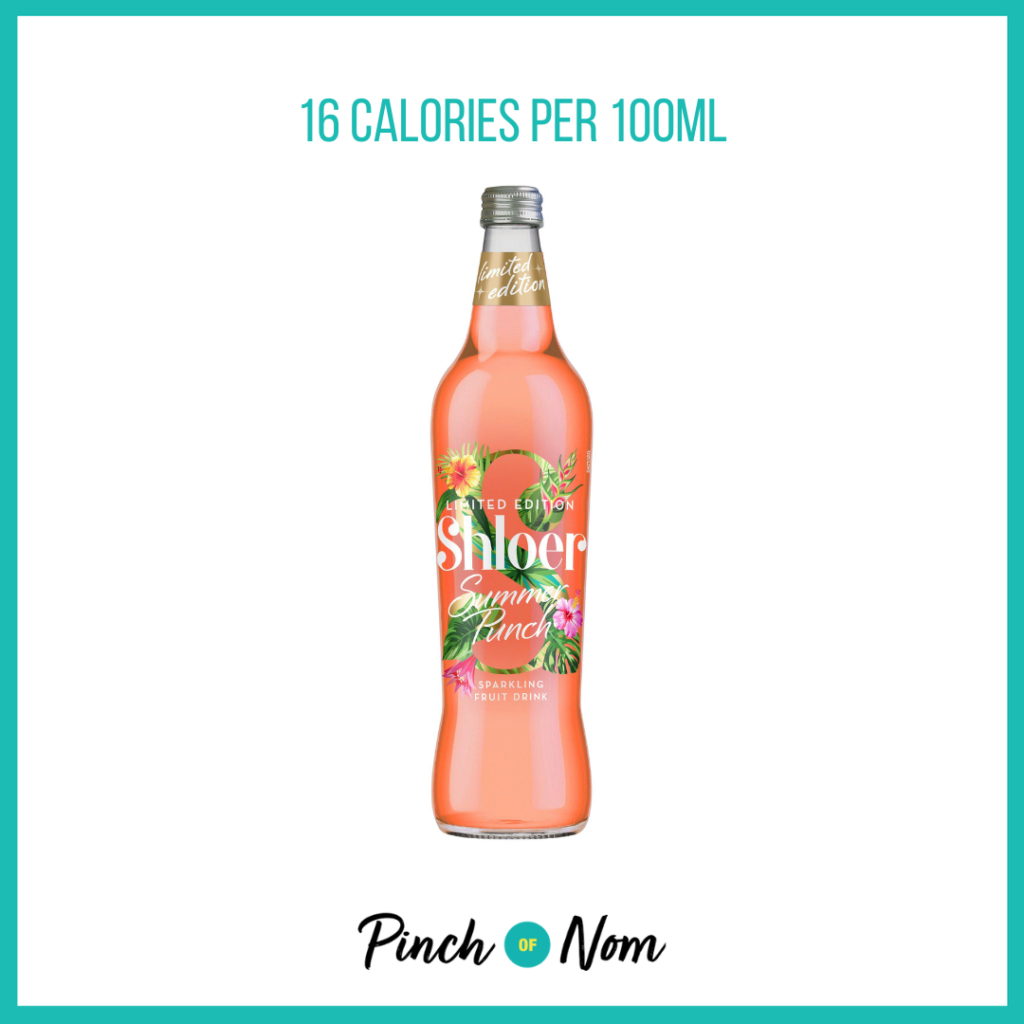 Shloer Summer Punch Sparkling Fruit Drink, featured in Pinch of Nom's Weekly Pinch of Shopping with the calorie count printed above (16 calories per 100ml).