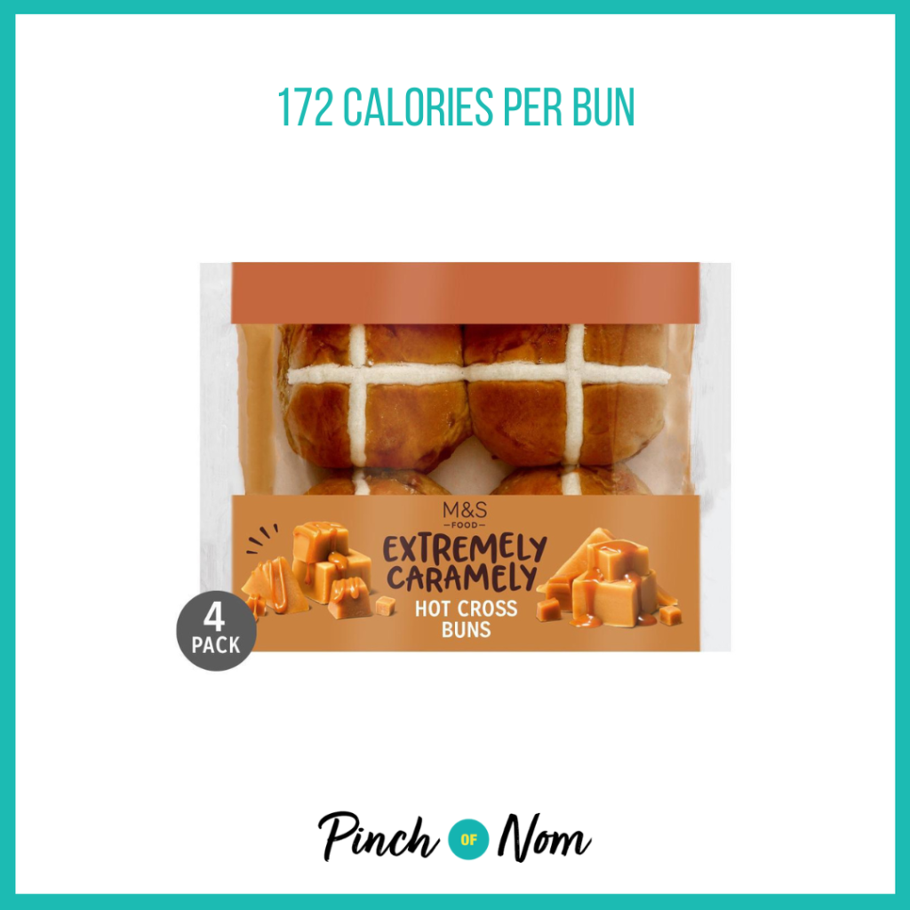 M&S Extremely Caramely Hot Cross Buns, featured in Pinch of Nom's Weekly Pinch of Shopping with the calorie count printed above (172 calories per bun).
