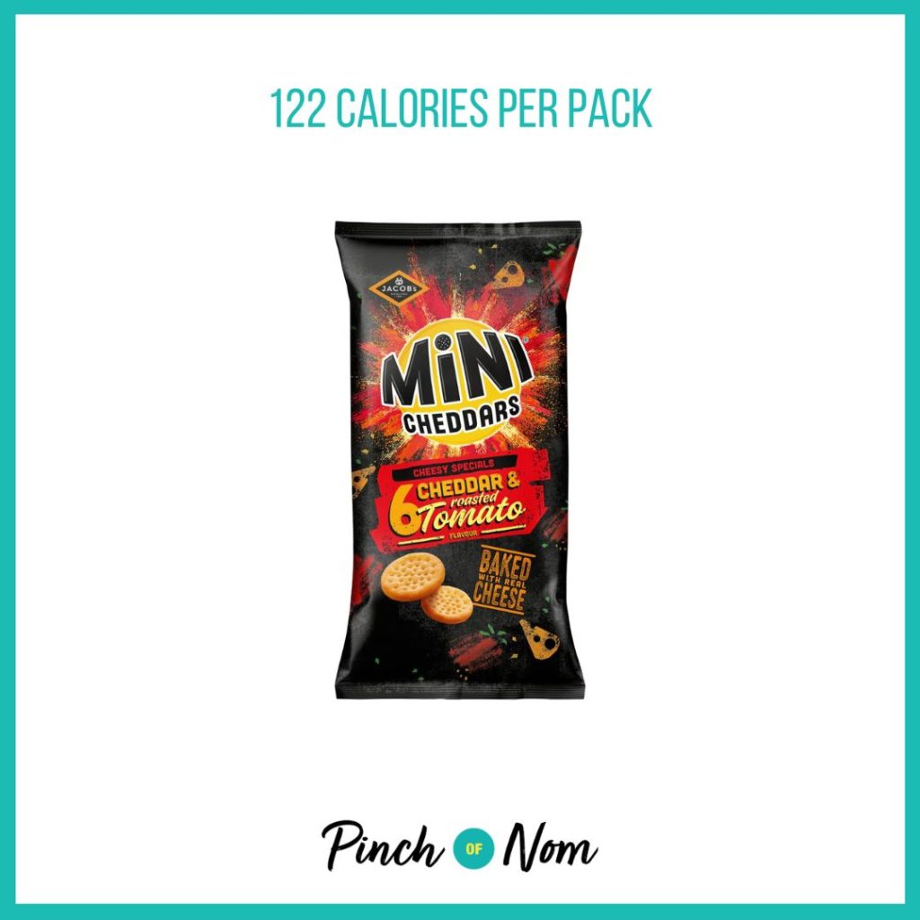 Jacob's Mini Cheddars Cheddar & Roasted Tomato Flavour Baked Snacks, featured in Pinch of Nom's Weekly Pinch of Shopping with the calorie count printed above (122 calories per pack) 