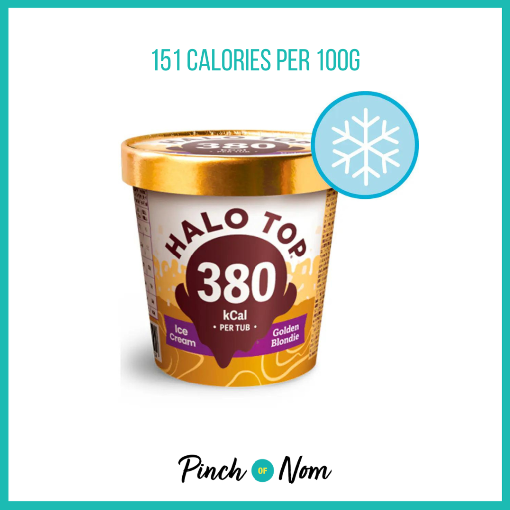 Halo Top Golden Blondie Ice Cream Tub, featured in Pinch of Nom's Weekly Pinch of Shopping with the calorie count printed above (151 calories per 100g).