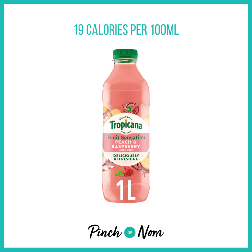 Tropicana Fruit Sensation Peach & Raspberry Juice Drink, featured in Pinch of Nom's Weekly Pinch of Shopping with the calorie count printed above (19 calories per 100ml).