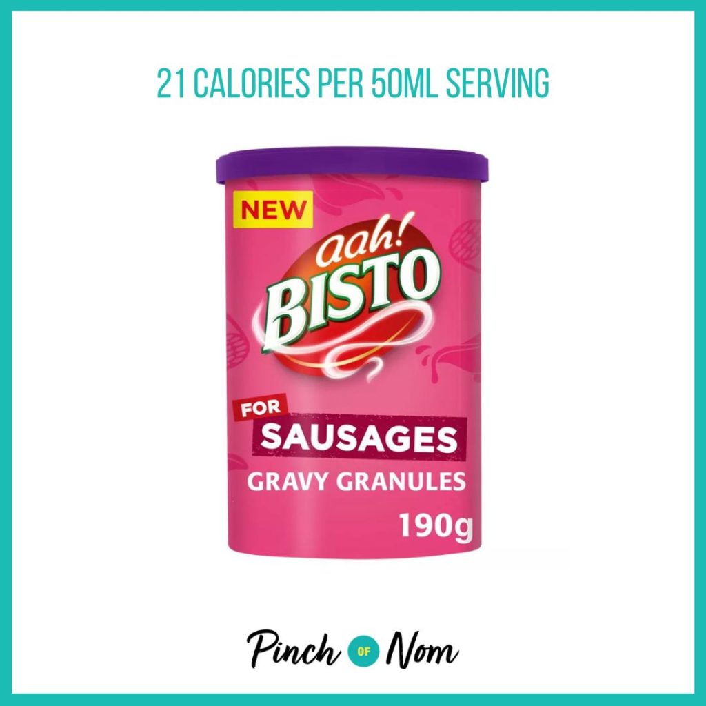 Bisto For Sausages Gravy Granules, featured in Pinch of Nom's Weekly Pinch of Shopping with the calorie count printed above (21 calories per 50ml) 