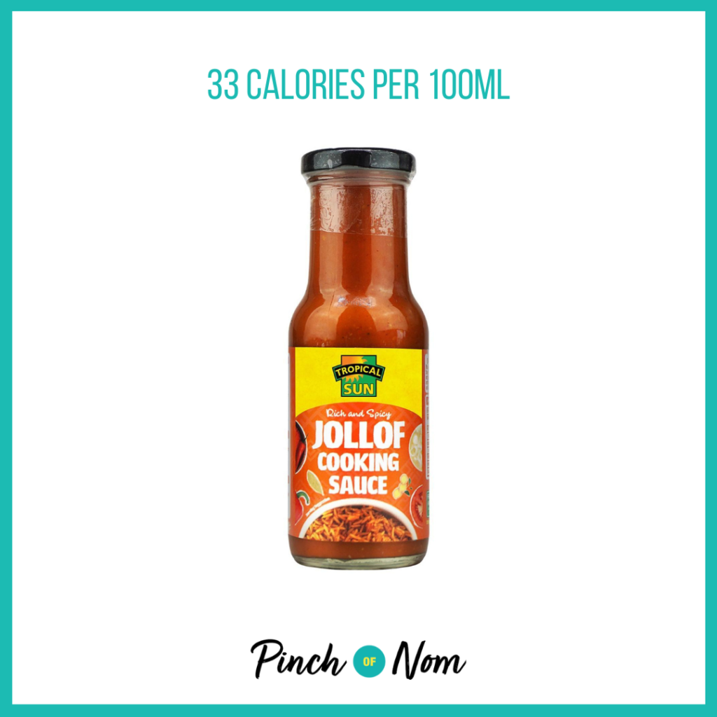 Tropical Sun Jollof Cooking Sauce, featured in Pinch of Nom's Weekly Pinch of Shopping with the calorie count printed above (33 calories per 100ml).