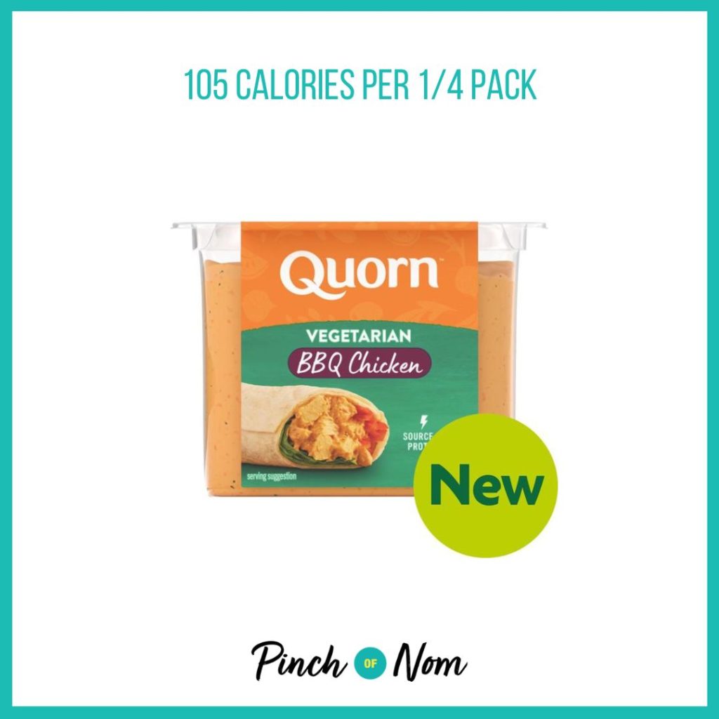 Quorn Vegetarian BBQ Chicken, featured in Pinch of Nom's Weekly Pinch of Shopping with the calorie count printed above (105 calories per 1/4 pack) 
